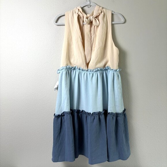 One One Six Dress Size S Blue Cream Tiered Open Back Tie Neck Boho Cottage - Picture 4 of 12